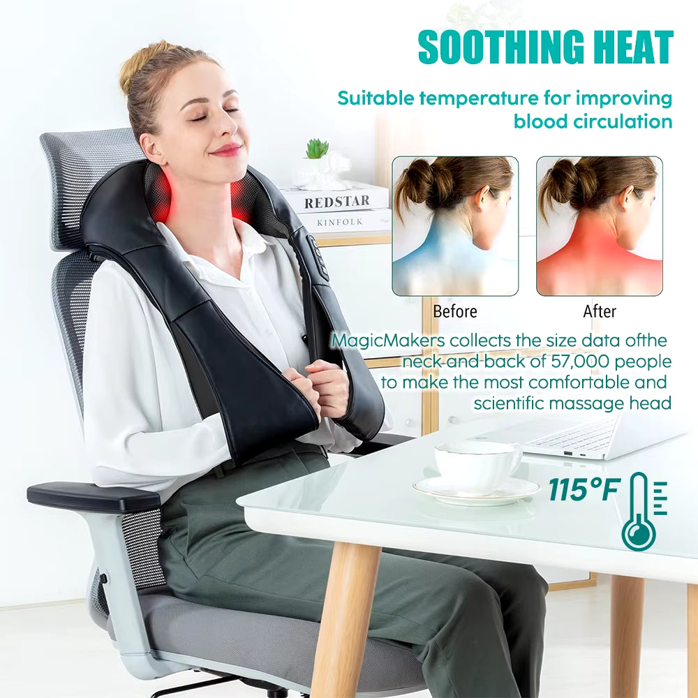Shiatsu Heated Neck and Shoulder Massager - U-Shaped Deep Kneading Electric Massage Pillow for Neck, Waist, and Leg Relief