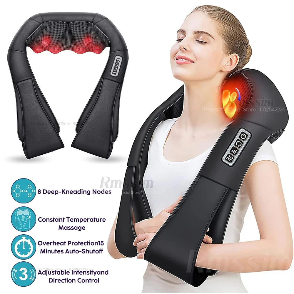 Shiatsu Heated Neck and Shoulder Massager - U-Shaped Deep Kneading Electric Massage Pillow for Neck, Waist, and Leg Relief